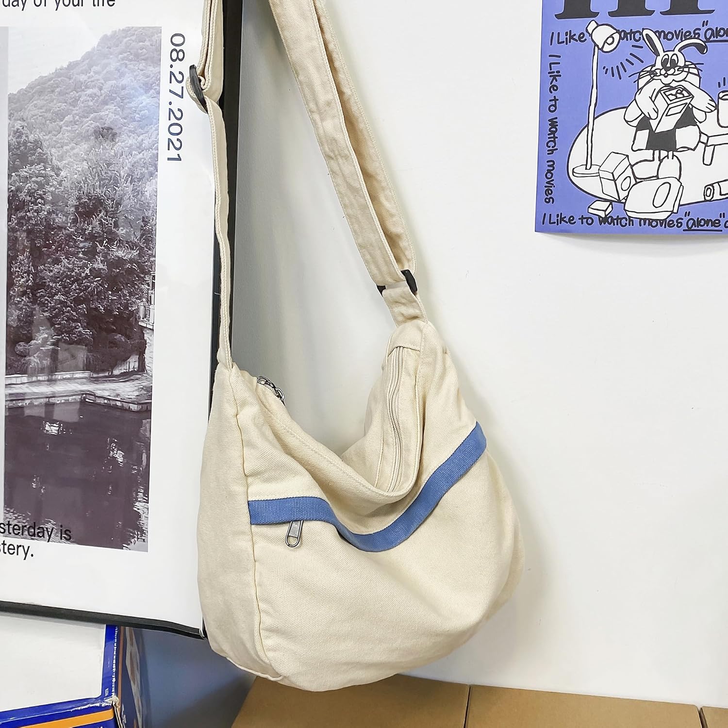 Canvas Messenger Bag Large Hobo Crossbody Bag with Zipper Casual Shoulder Tote Handbag for Women and Men