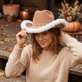 thumbnail image 6 of Furry Fluffy Trim Halloween Western Cowboy Hat with Decorative Band, Wide Brim Fashion Headwear, Stylish Accessory for Halloween Parties, Concert, Festival Celebrations and Trendy Outfit Beige, 6 of 10