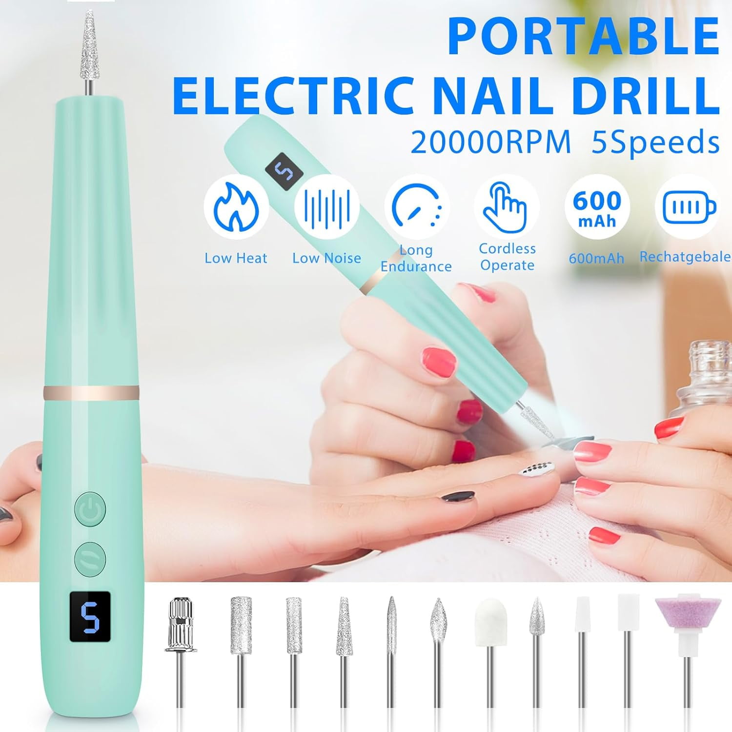 Cordless Electric Nail Drill with 360° Ring Light, Portable Nail File Kit for Acrylic, Gel Nails, Portable Home Manicure Kit for Manicure and Pedicure