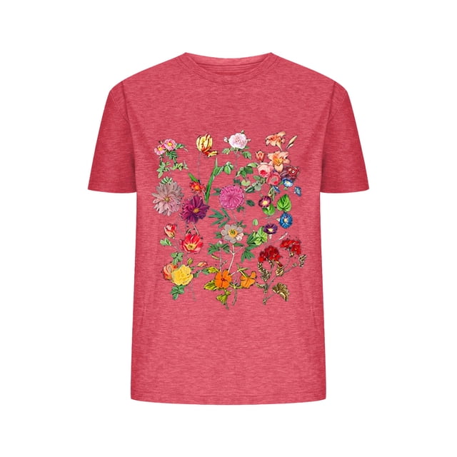 Blusas de Verano de las Mujeres Flor Impresa Cuello Redondo Manga Corta Superior, Verano Superior de las Mujeres