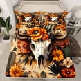 thumbnail image 2 of Manfei Country Floral Flowers Queen Sheet Sets,Rustic Bull Skull Flat Sheet,Boho Exotic Style Queen Fitted Sheet For Men Women,Breathable Home Decor,4-Piece, 2 of 7