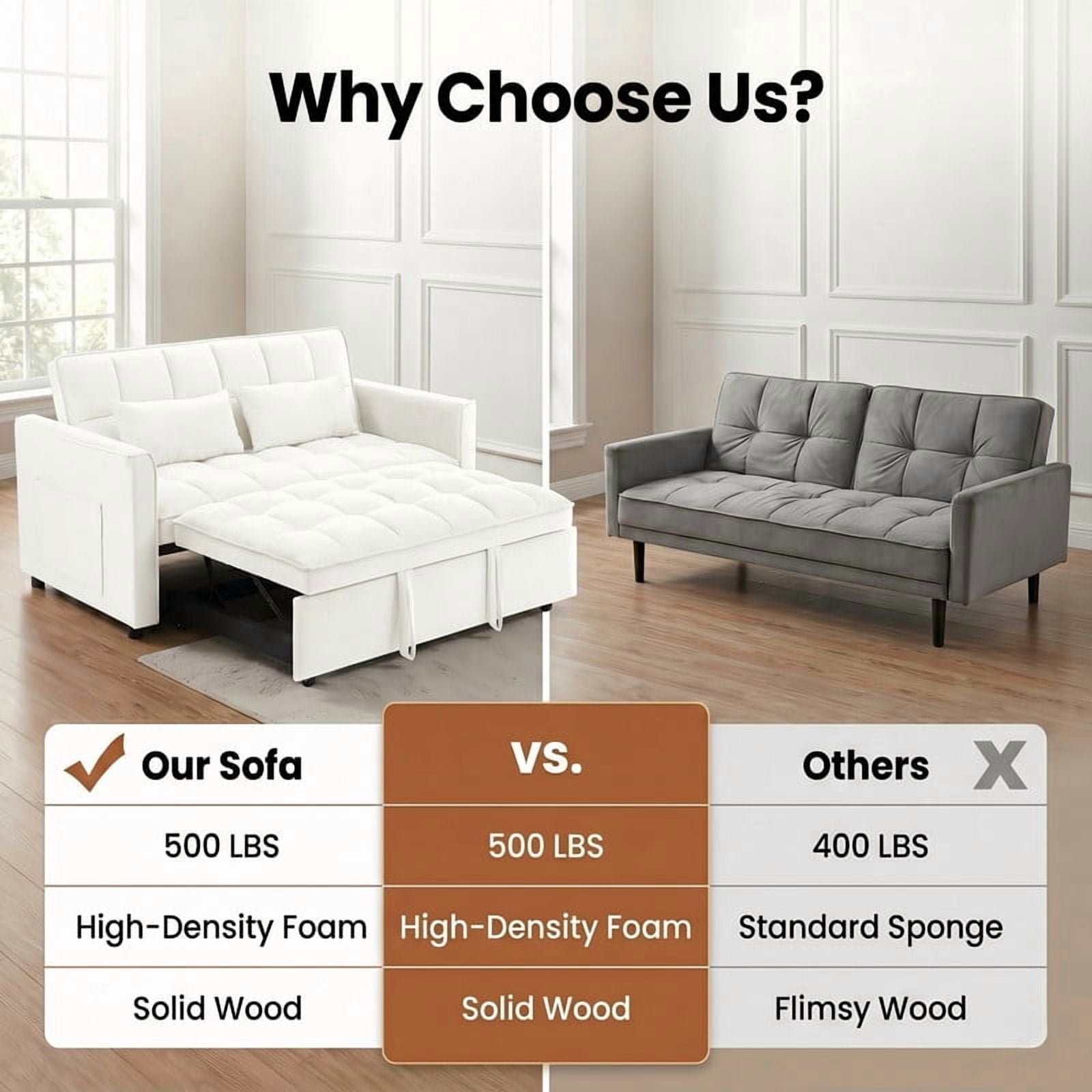 Gewnee 55" Sofa Bed, Convertible Sleeper Sofa & Pull Out Couch, 3-in-1 Velvet Loveseat with Adjustable Backrest and Storage Pocket, Beige