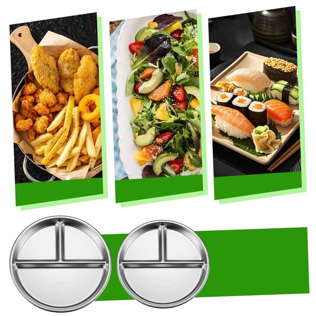 Danhjin Assiette de Souper en Acier Inoxydable 304, Assiettes Compartimentées 20 cm, Plateau de Service