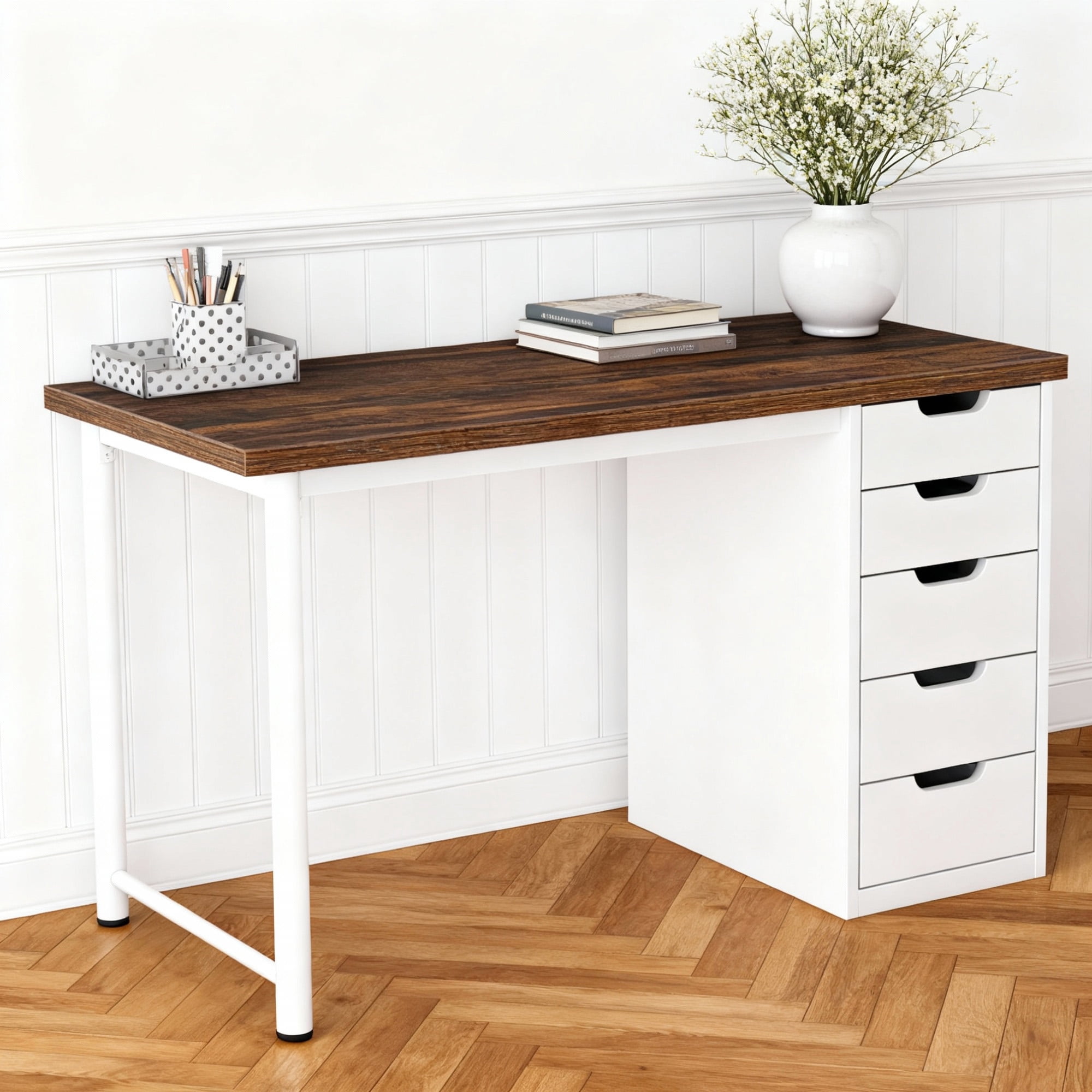 KIOOTTO 47" Computer Desk with 5 Drawers, Reversible Storage Cabinet and Compact Workstation, Nordic Oak