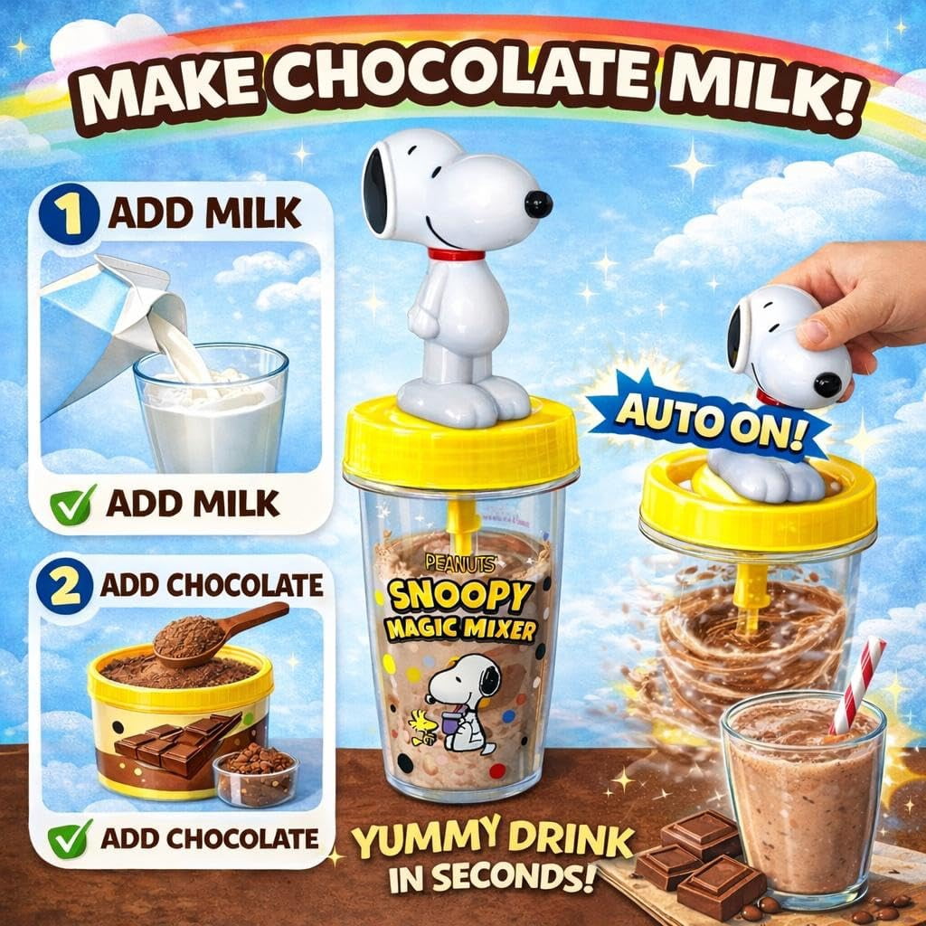 Peanuts Snoopy Magic Mixer® - Official Birthday Gift for Kids Ages 3-10 | Bladeless, Auto-Start, Hands-Free | Safe, Quiet, BPA-Free | Makes Chocolate Milk and Pudding.