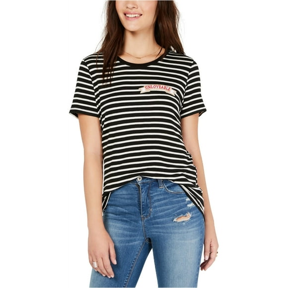 Carbon Copy Womens Striped Patch Embellished T-Shirt, Black, X-Large