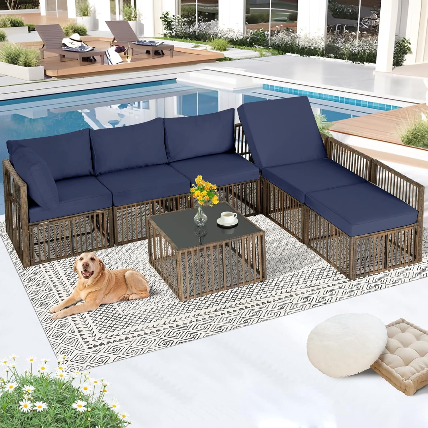 Ainfox 7 Pieces Outdoor Wicker Patio Furniture Set, Adjustable Backrest Sectional Conversation Couch with Thick Cushions & Coffee Table for Garden Porch Poolside, Brown/Blue