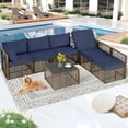 thumbnail image 6 of Ainfox 7 Pieces Outdoor Wicker Patio Furniture Set, Adjustable Backrest Sectional Conversation Couch with Thick Cushions & Coffee Table for Garden Porch Poolside, Brown/Blue, 6 of 8