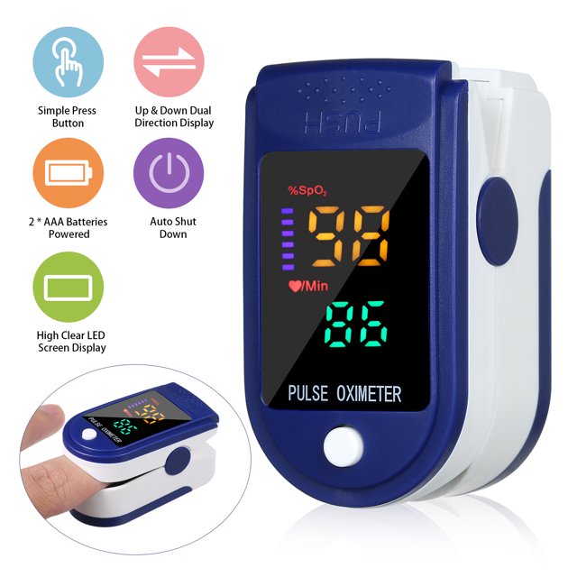 Oxímetro de pulso portátil con pantalla LED a color, diseño compacto en azul, mide saturación de oxígeno y frecuencia cardíaca, apagado automático en 8 segundos, ideal para uso personal y familiar.