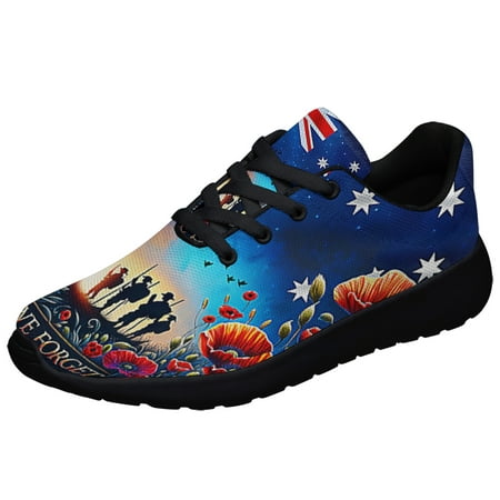 

Anzac Day AuStalia LeStWe Forget AuStalian Veteran Kneeling The Cross Shoes Sneakers Black Size 6