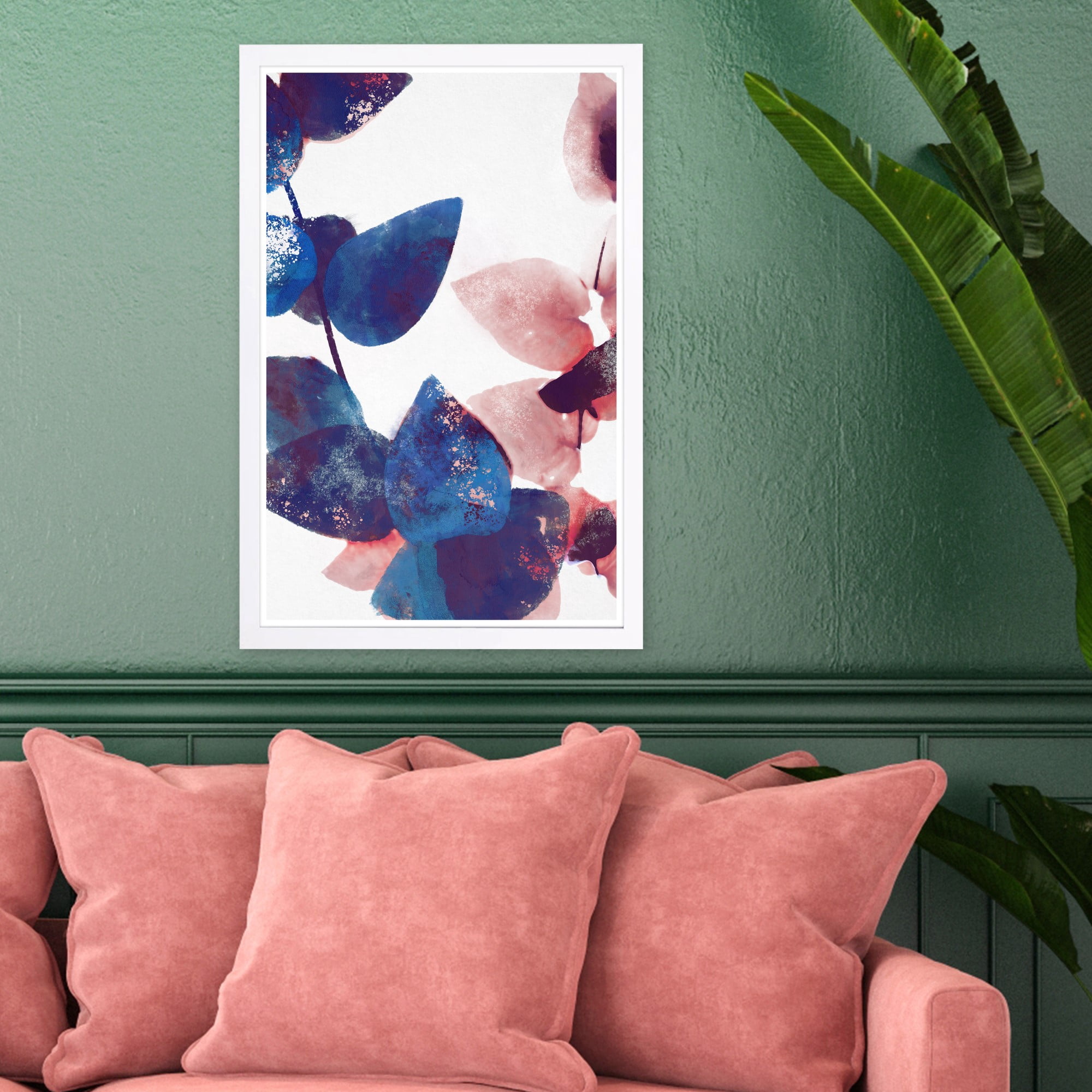 Wynwood Studio 'Like Cyanotype Leaves II' Floral and Botanical Framed Wall Art Print - Blue, Pink