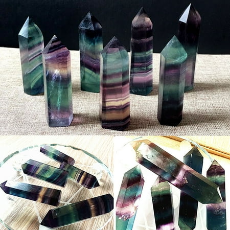 Stone Treatment (Voomwa 100% Natural Fluorite Crystal Colorful Striped Fluorite 4.5-6.5CM Quartz Crystal Stone Point Healing Hexagonal Wand Treatment)