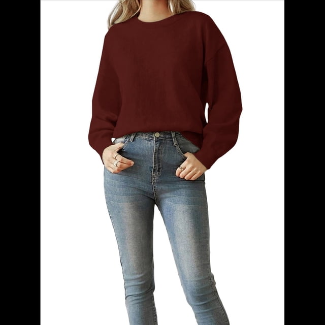 Suéter A Rayas para Mujer, Jersey de Larga con Cuello Redondo para Otoño, Tops de Punto, Ropa Informal de Gran Tamaño Y2K. Vino Tinto Sólido S