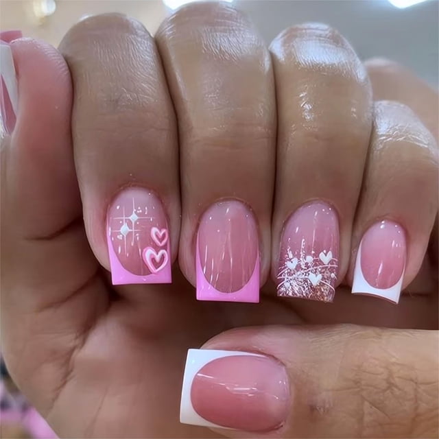 Uñas postizas adhesivas RTKHFZE 24 piezas, rosa francés con estrellas