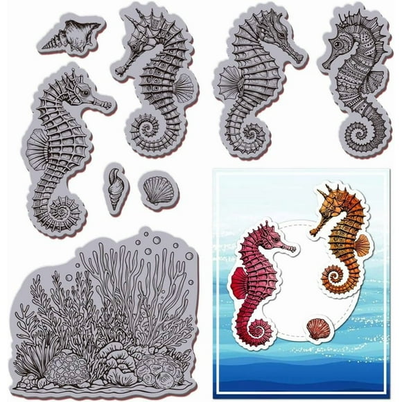 Timbre en Caoutchouc pour Hippocampe 8.7"x7" Récif Corallien EVA, Timbre en Relief pour Scrapbooking et Fabrication de Cartes, Décoration Artisanale