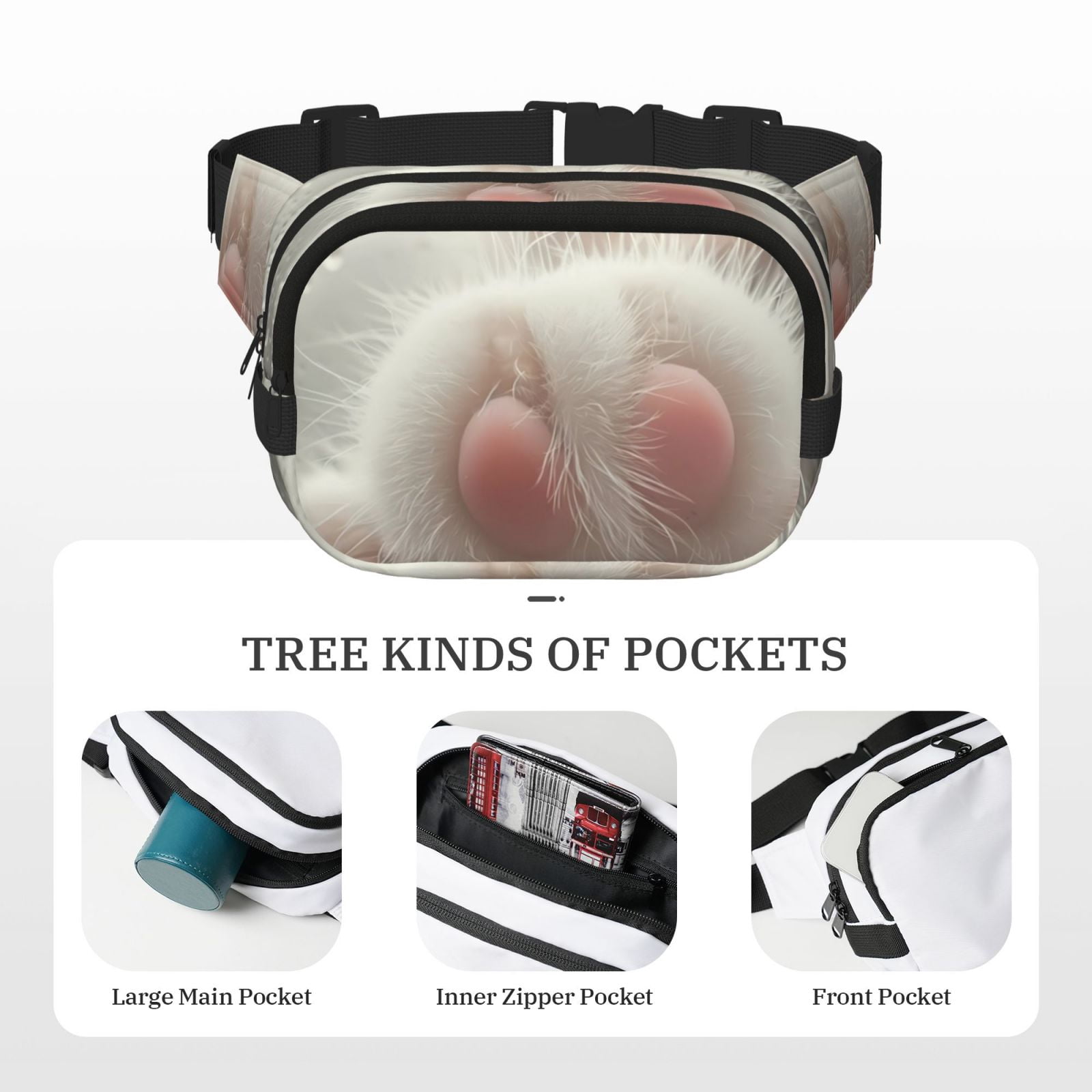 Picia Raindrop Kitten Paw Print Square Double-Layer Waist Bag Mini Adjustable Waist Belt Bag Exercise Running Travel Hiking
