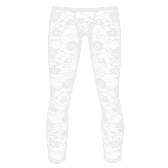 Aiihoo Men's Sheer Floral Lace Ankle Length Leggings Low Rise Bulge Pouch Tights Trousers White Large