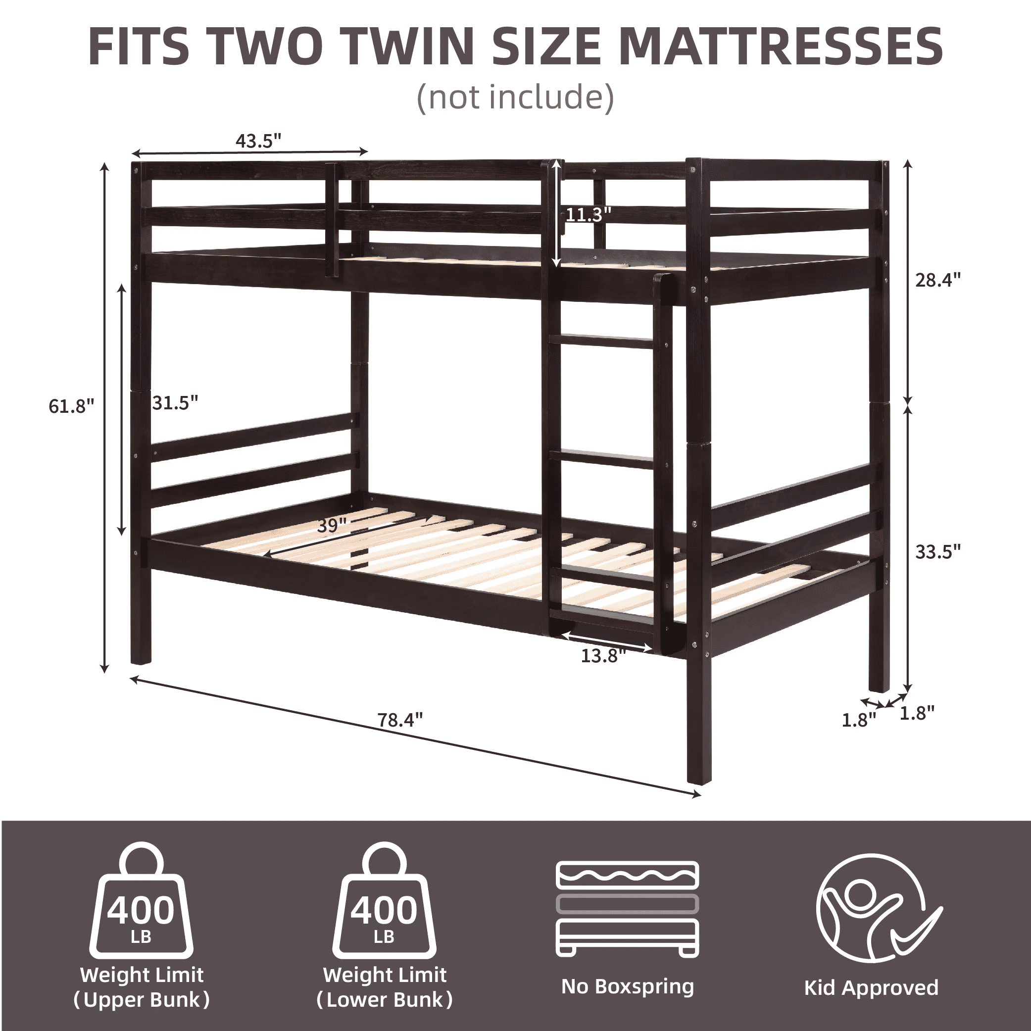 MAYEERTY Twin over Twin Bunk Bed with Ladder, Wooden Bed Frame with High Guardrail and Ladder for Kids, No Box Spring Needed, Espresso