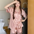 thumbnail image 1 of Women Ice Silk Pajama Set - Solid Color 3/4 Sleeve Top & Shorts Spring Summer Loungewear, 1 of 6