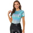 thumbnail image 1 of INSPIRE CHIC Women's Party Metallic Textured Short Sleeve Shiny Multicolor Top Small Blue Shiny, 1 of 5