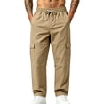 thumbnail image 3 of Cargo Pants for Mens Solid Color Multi Pocket Elastic Waist Drawstring Outdoor Workout Pants Casual Straight Leg Athletic Pants for Hiking, 3 of 7