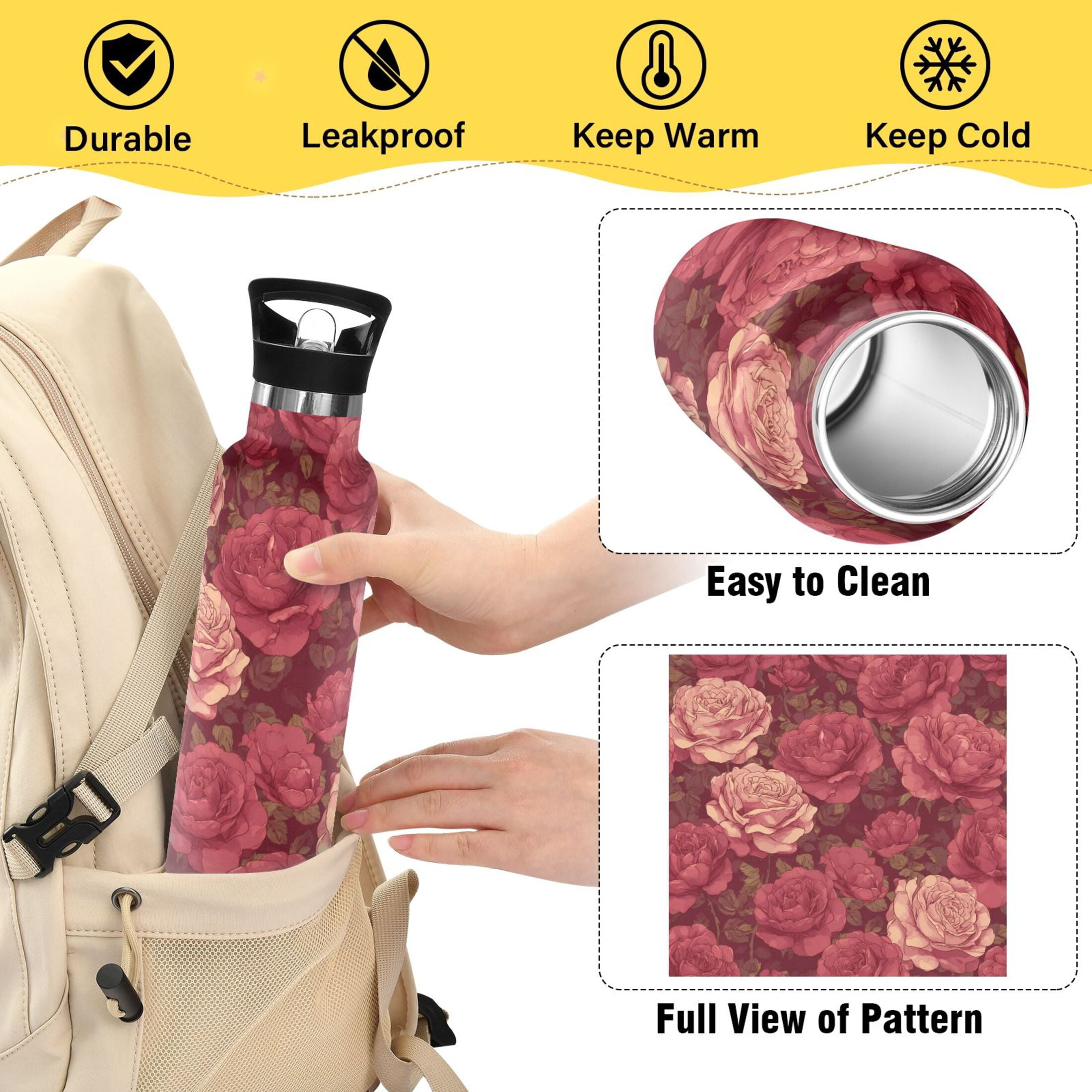600ML Stainless Steel Insulated Cup Sports Water Bottle Portable Thermos Cup Water Glasses Insulated Tumblers Convenient and Durable Beautifui Rose Red