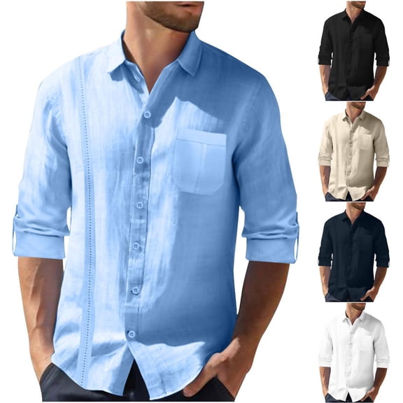 YanHoo Mens Cuban Guayabera Shirts Roll Up Long Sleeve Linen Casual Shirt Button Down Beach Summer Mexican Shirts with Pocket Black,M
