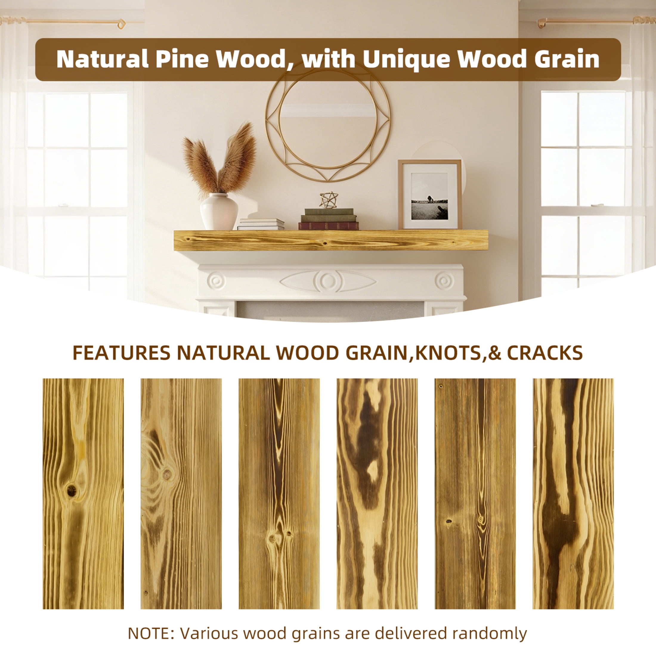 Noble House 60" Fireplace Mantel, Rustic Floating Wood Shelf with Invisible Brackets for Living Room, Brown