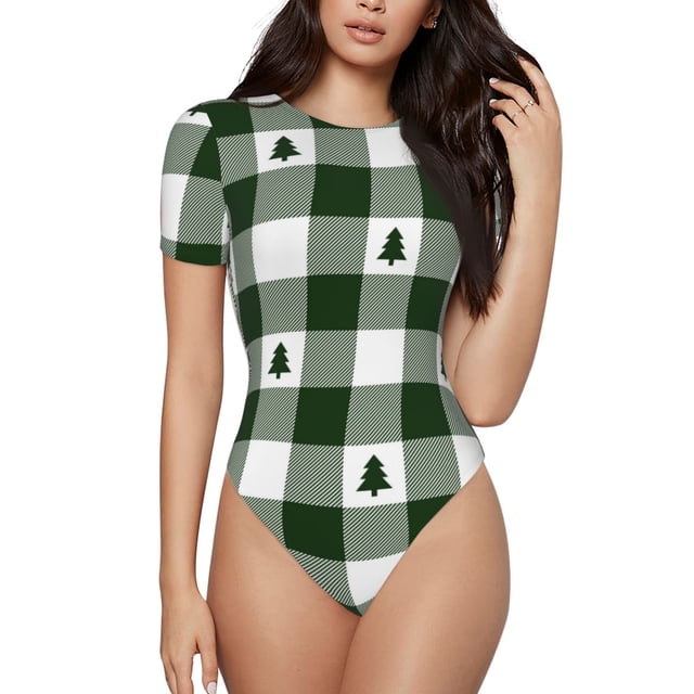 Fotbe Green White Lumberjack Plaid Body de Mujer con Cuello Redondo y Mangas Cortas, Sin Mangas Ajustado, Suave, Cómodo y Básico-Small