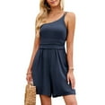 thumbnail image 2 of Wycnly Jumpsuits for Women One Shoulder Elastic Waist Spaghetti Strap Mini Jumpsuits Summer Fashion Solid Slash Neck Sleeveless Short Rompers Navy m, 2 of 7