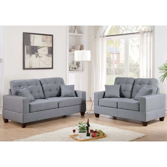 Contemporary Grey Polyfiber 2pc Sofa Set | For Modern Homes, Has Square Arms