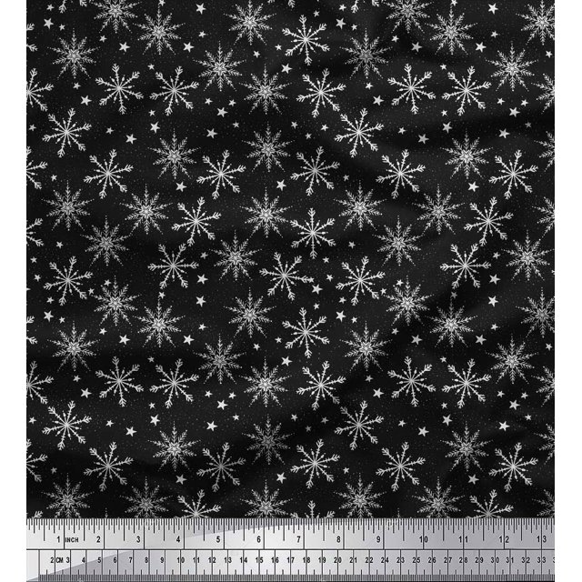 Soimoi Black polyester Crepe Fabric Snow Flakes & Star Decor Fabric Printed Yard 42 Inch Wide