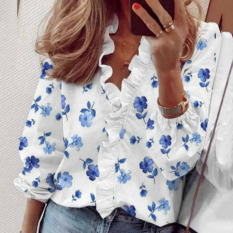 Zanvin Womens Fall Fashion Tops 2022 Clearance, Womens Casual Full Sleeve  V-Neck Tops Loose Shirts Blouse Printing Tops White XL, Gifts for Women 