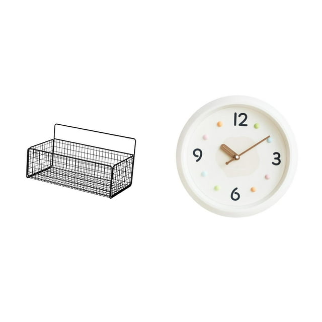 Cesta organizadora de pared de metal flotante y reloj de pared moderno y silencioso para cocina, baño, sala de estar, oficina, estudio, decoración del