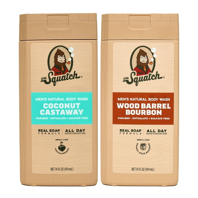 Dr. Squatch NUEVO gel de baño natural para hombres, no exfoliante, náufrago de coco + bourbon de barril de madera (paquete de 2 de 14 oz)
