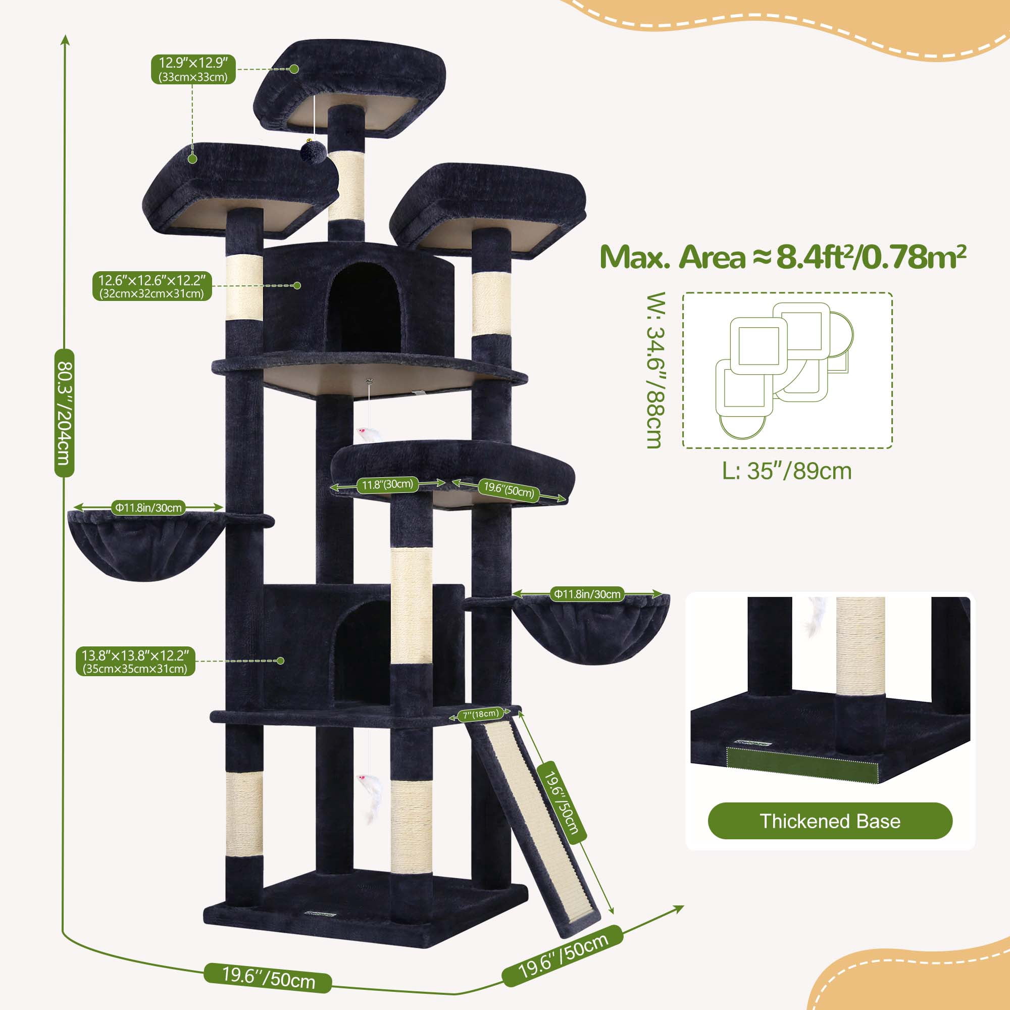 Globlazer 80'' Multi-Level Large Cat Tree Tower for Large Cats with 2 Condos, 2 Hammocks, 3 Perches & Sisal Scratching Posts, Dark Grey