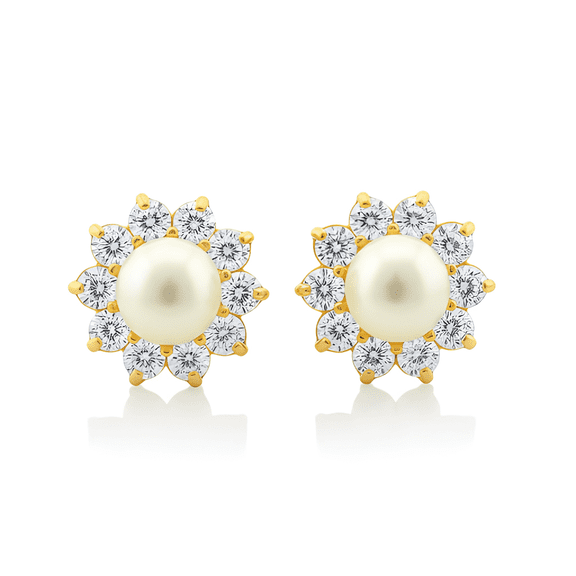 VINALI 14K Solid Yellow Gold Womens Dainty White Freshwater Pearl Halo CZ Stud Earrings - 0.30 in