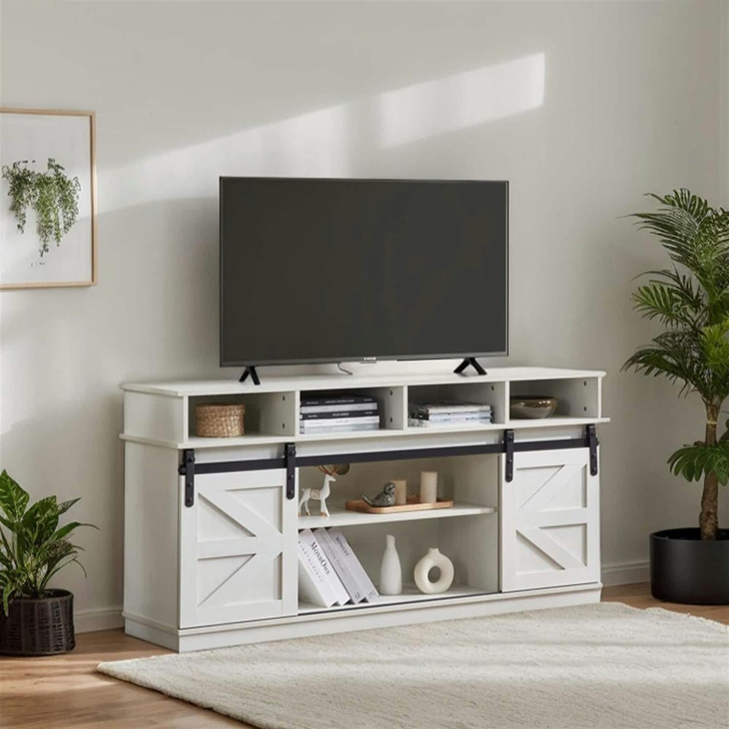 Demi Bonn Modern TV Stand with Sliding Barn Door, Farmhouse Wood Entertainment Center, Storage Cabinet Table Living Room with Adjustable Shelves for TVs Up to 65", White