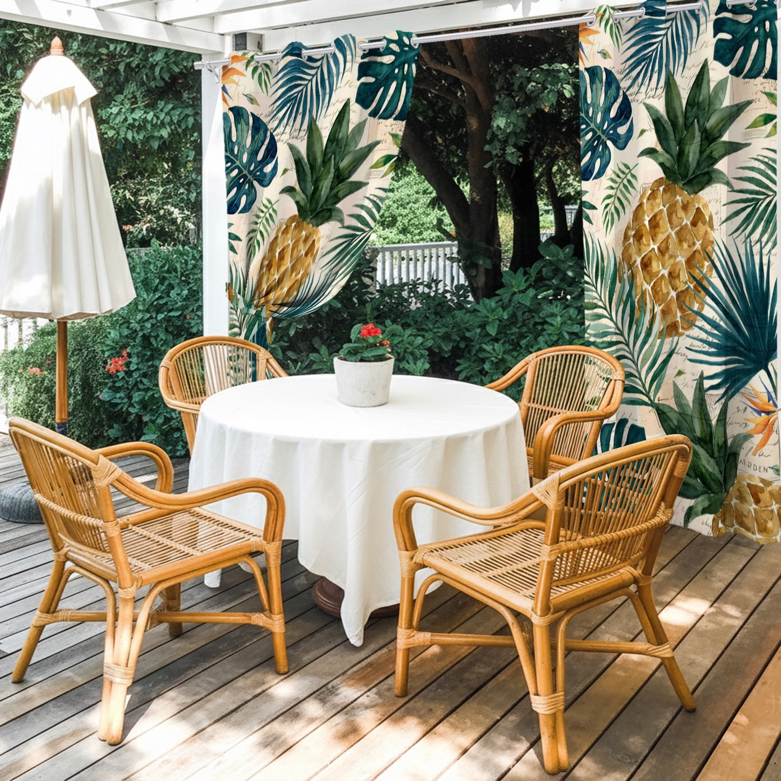 Gold Pineapple Outdoor Curtains for Patio, Monstera Leaves Vintage Tropical Botanical Summer Sunshade Privacy Drapes Grommet Waterproof Outside Curtains for Porch/Cabana/Balcony 54"x 108", 1 Panel