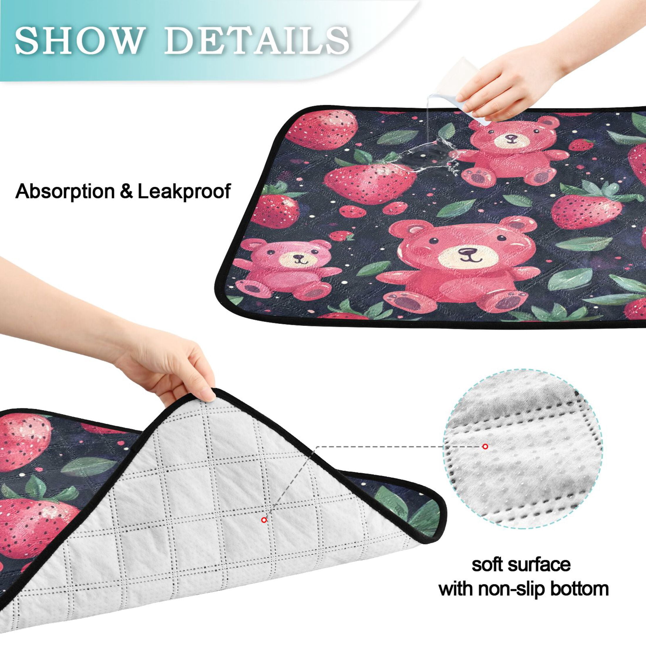 Qxltty Cute Strawberry Bear Cat litter Pads Pet Set of 3 Diaper Mats Center Anti-leakage Layer Absorbent Soft and Comfortable