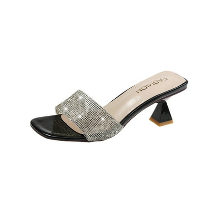 

SIMANLAN Womens Light Square Toe Slides Wedding Chunky Heels Sandals Sparkling Slip On Heeled Slippers