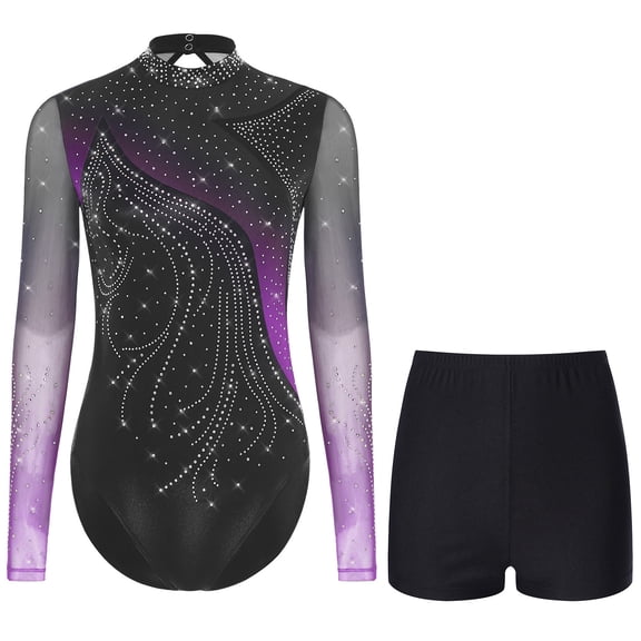 Aislor Women's Long Sleeve Leotard With Shorts Figure Skating Outfit Contemporary Dancewear Purple XL