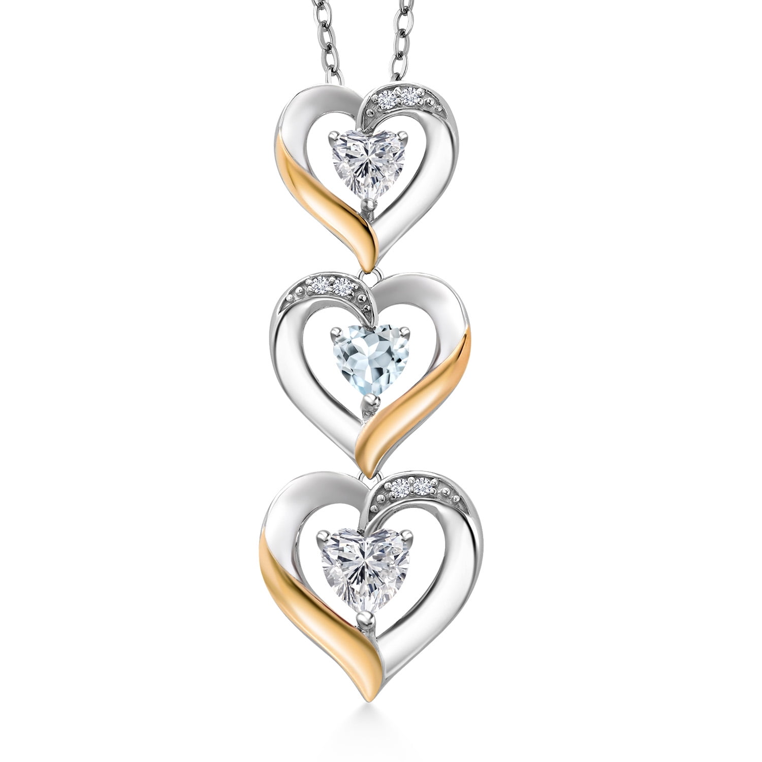 925 Silver and 10K Yellow Gold Lab Grown Diamond and Sky Blue Aquamarine Pendant Necklace for Women | 0.92 Cttw | Gemstone April Birthstone | Heart Shape 5MM | With 18 inch Silver Chain