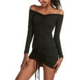thumbnail image 3 of Gamivast Off The Shoulder Dress for Women Mini Dress Off Shoulder Long Sleeve Bodycon Dress Ruched Drawstring Front Party Clubwear, 3 of 7