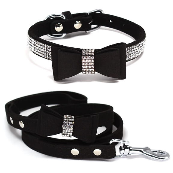 Mumup Dazzling Rhinestone Dog Collar with Soft Fabric and Crystal Bow Tie - Elegant and Glamorous Puppy Collars for Small Dogs with Leash