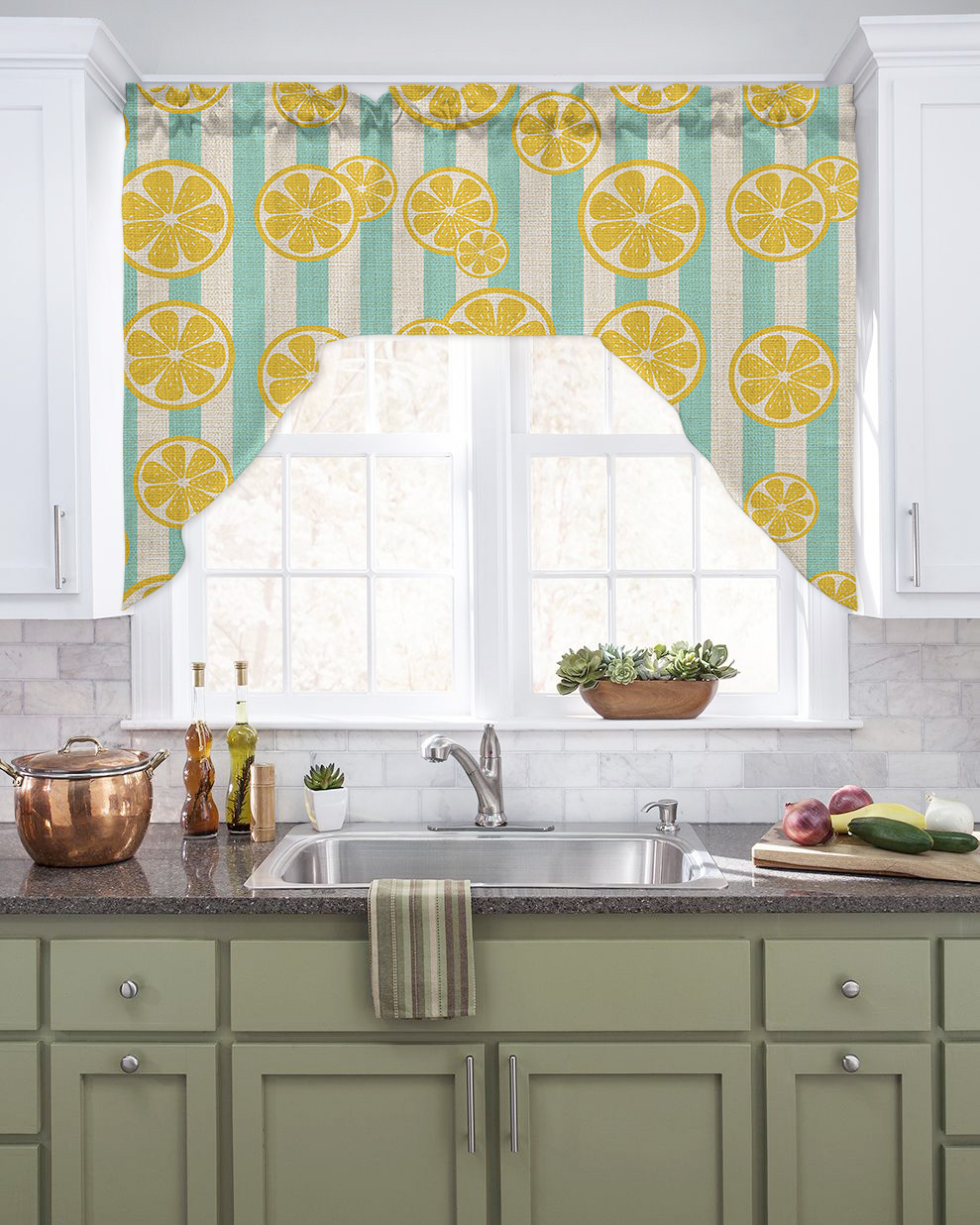 Yellow Lemon Swag Valance and Tier Curtains Set Teal Stripes Linen Background Kitchen Curtains 3 Piece Set Rod Pocket Panels for Bedroom Cafe 56x36 inch