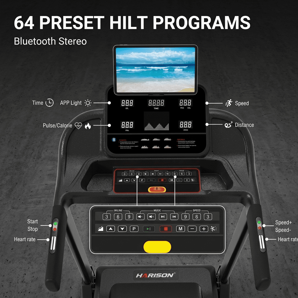 HARISON Folding Treadmill with Incline, Heavy-Duty Treadmills 320lb Capacity, Running Machine for Home with HARISON Bluetooth & Adjustable Tablet Stand, 90% Pre-assembled, 64 Preset Program