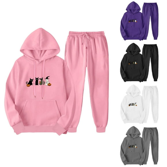 JURANMO Women's 2 Piece Outfits Happy Halloween Sweatsuit Cute Teen Girls Black Cat Print Hooded Sweatshirts and Elastic Waist Sweatpants Matching Sets Todays Daily Deals Black S
