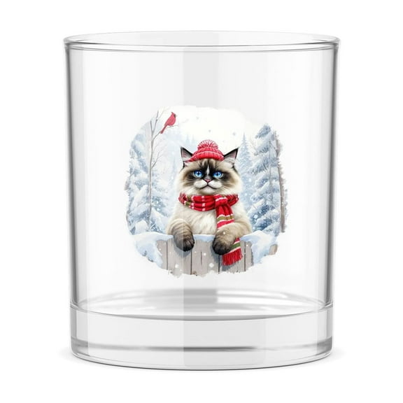 Playful Ragdoll Welcomes Winter Snowy Day with Cardinal Bird 11oz Whiskey Glass Mug Cat Lover Kitten Owner Gifts Idea Whiskey Cocktail Glasses Cup - 2017