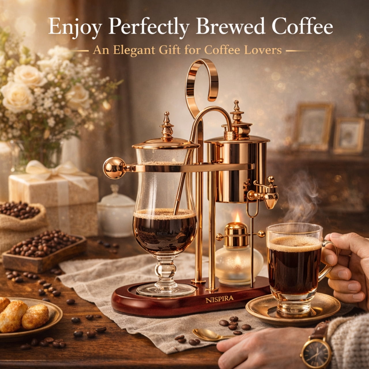 Nispira Belgian Belgium Luxury Royal Family Balance Syphon Siphon Coffee Maker Copper Color, 1 set